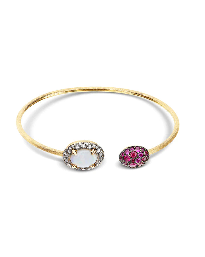 "REVERSE" GOLD, PINK SAPPHIRES, RUBIES, WHITE AUSTRALIAN OPAL AND DIAMONDS BANGLE