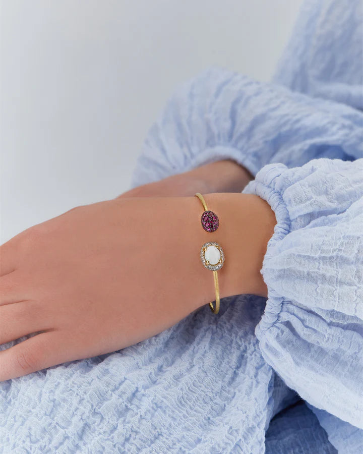 "REVERSE" GOLD, PINK SAPPHIRES, RUBIES, WHITE AUSTRALIAN OPAL AND DIAMONDS BANGLE