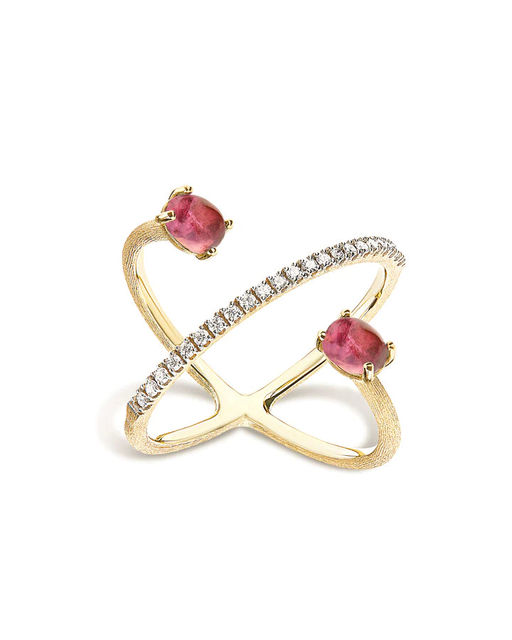 "TOURMALINES" GOLD, DIAMONDS AND PINK TOURMALINE CRISS CROSS RING