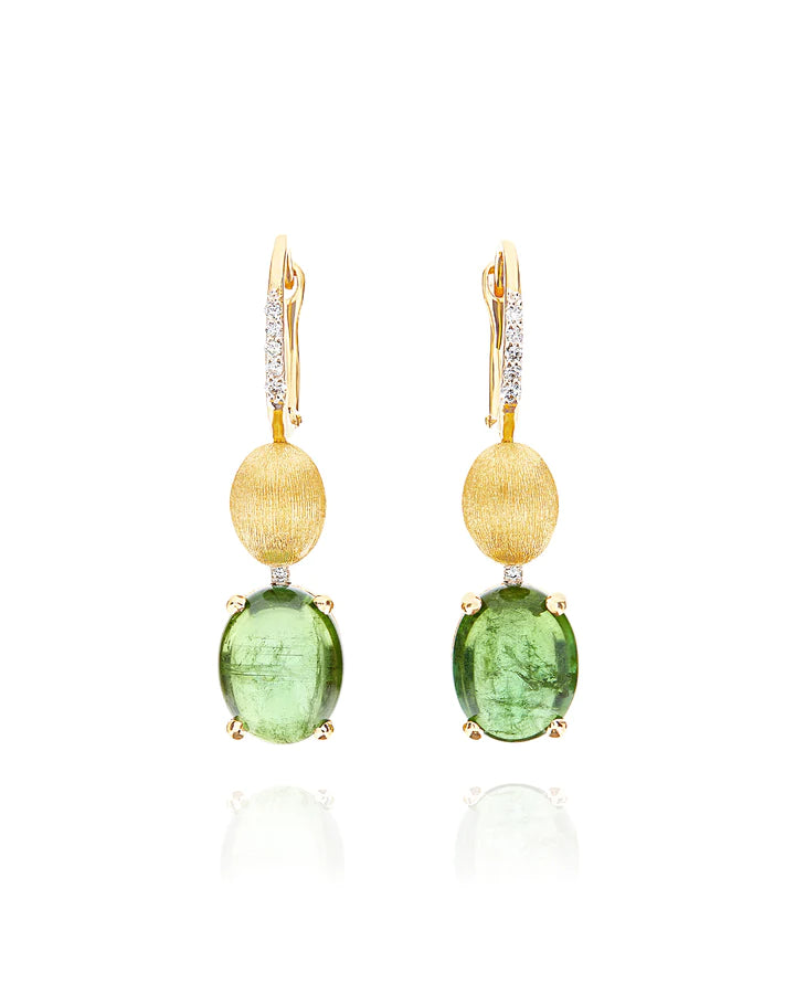 "TOURMALINES" GOLD, DIAMONDS AND GREEN TOURMALINE BALL DROP EARRINGS (LARGE)