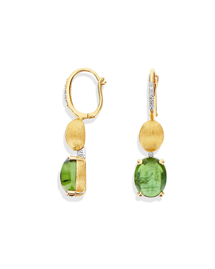 "TOURMALINES" GOLD, DIAMONDS AND GREEN TOURMALINE BALL DROP EARRINGS (LARGE)