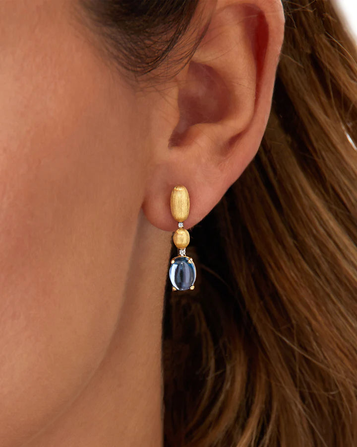 "AZURE" GOLD, LONDON BLUE TOPAZ BOULES AND DIAMONDS ACCENTS SHORT EARRINGS