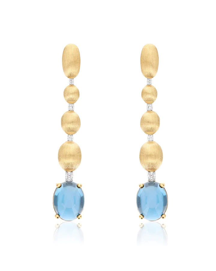 "AZURE" GOLD, DIAMONDS AND LONDON BLUE TOPAZ DROPS LONG EARRINGS