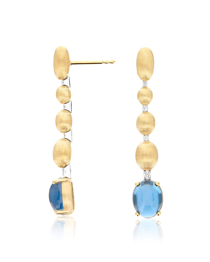 "AZURE" GOLD, DIAMONDS AND LONDON BLUE TOPAZ DROPS LONG EARRINGS