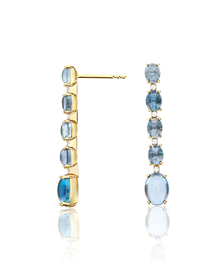 "AZURE" GOLD, DIAMONDS AND LONDON BLUE TOPAZ BOULES LONG EARRINGS