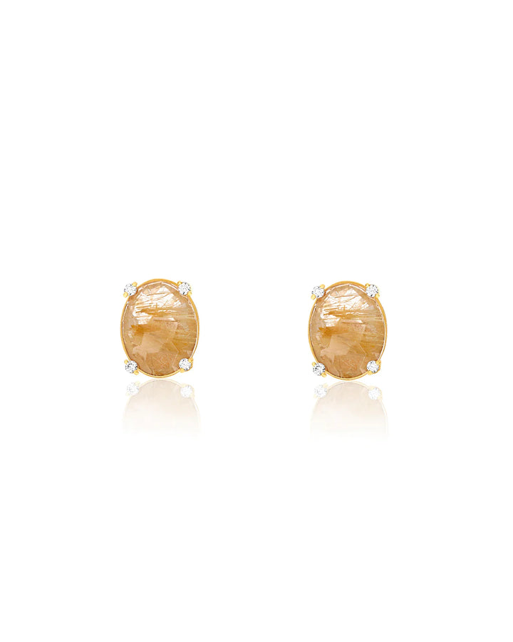 "IPANEMA" YELLOW RUTILATED QUARTZ, DIAMONDS AND 18KT GOLD MEDIUM STUD EARRINGS