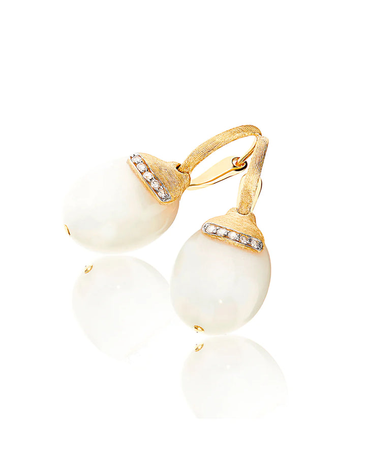 "WHITE DESERT" CILIEGINE GOLD AND WHITE MOONSTONE BALL DROP EARRINGS WITH DIAMONDS DETAILS (LARGE)