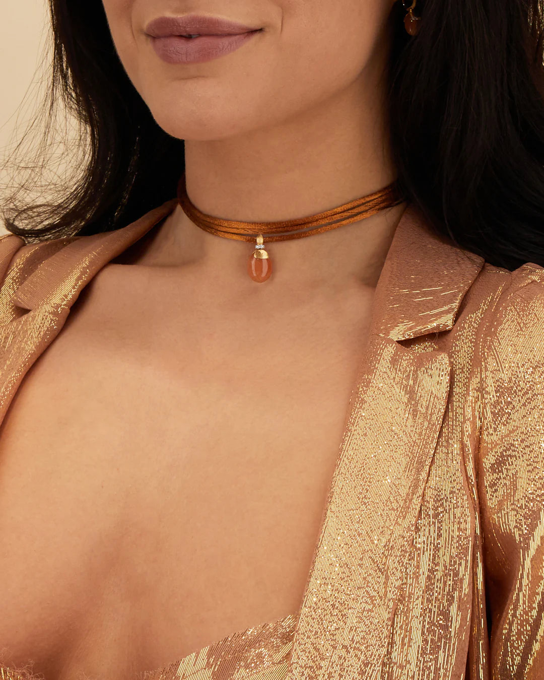 "PETRA" GOLD, DIAMONDS AND ORANGE AVENTURINE PENDANT (MEDIUM)