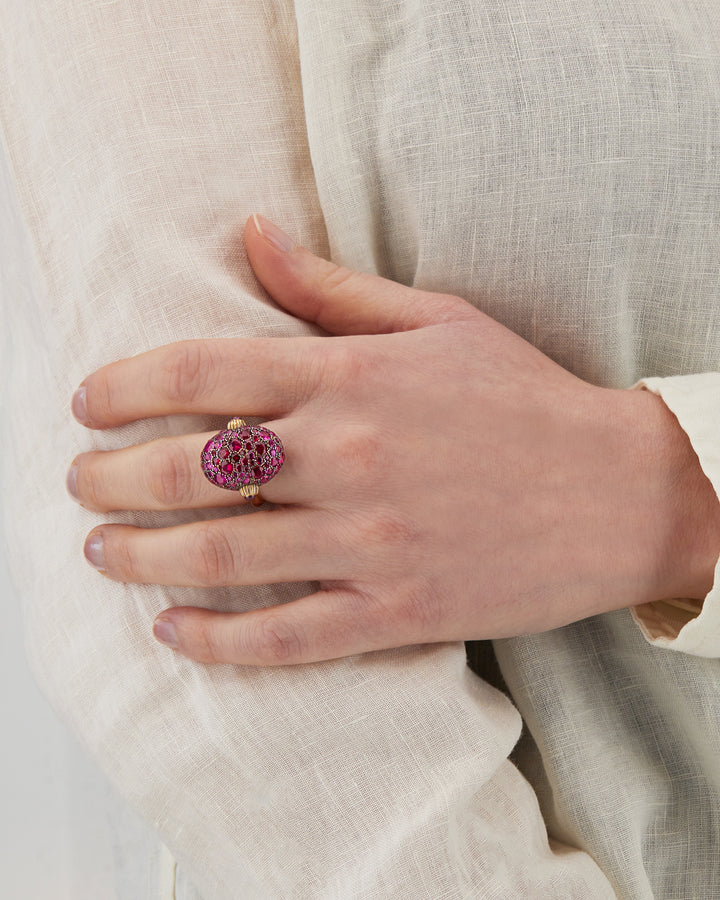 "REVERSE" GOLD, PINK SAPPHIRES, RUBIES, WHITE AUSTRALIAN OPAL AND DIAMONDS DOUBLE-FACE RING (LARGE)