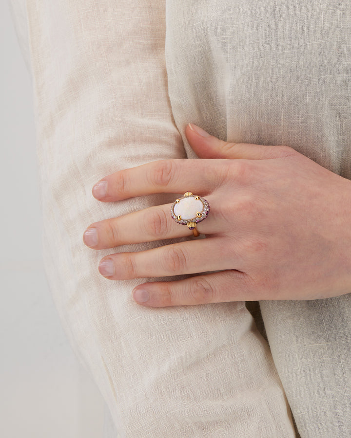 "REVERSE" GOLD, PINK SAPPHIRES, RUBIES, WHITE AUSTRALIAN OPAL AND DIAMONDS DOUBLE-FACE RING (LARGE)