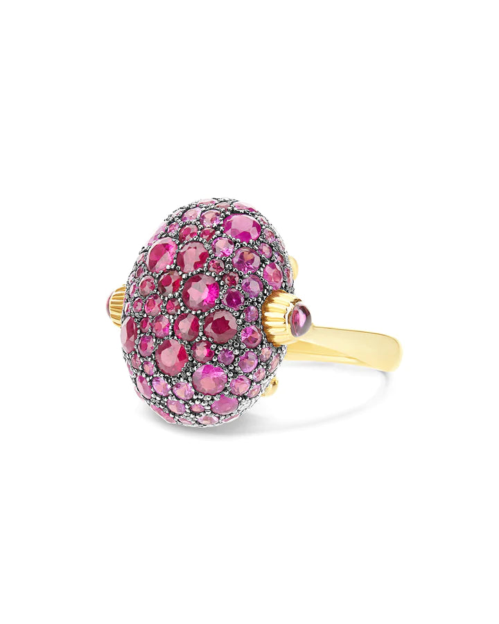 "REVERSE" GOLD, PINK SAPPHIRES, RUBIES, WHITE AUSTRALIAN OPAL AND DIAMONDS DOUBLE-FACE RING (LARGE)