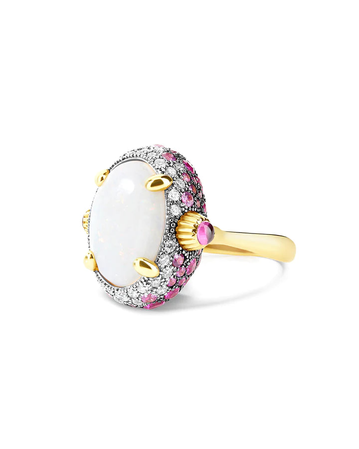 "REVERSE" GOLD, PINK SAPPHIRES, RUBIES, WHITE AUSTRALIAN OPAL AND DIAMONDS DOUBLE-FACE RING (LARGE)