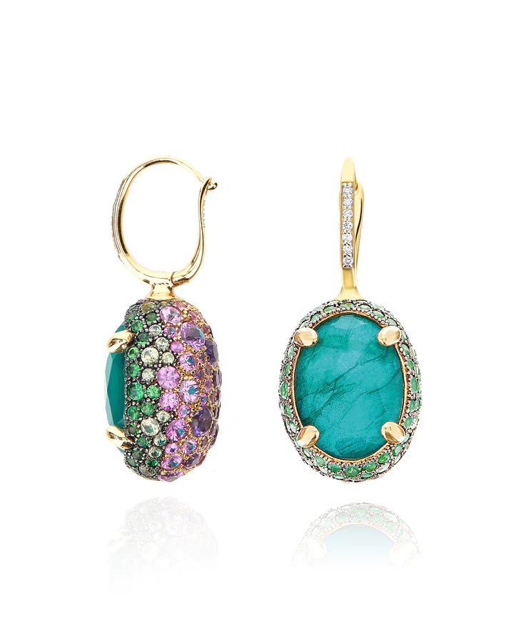 "REVERSE" CILIEGINE GOLD, SAPPHIRE, TSAVORITE, AMETHYST, GREEN LABRADORITE AND ROCK CRYSTAL DOUBLE-FACE BALL DROP EARRINGS (LARGE)