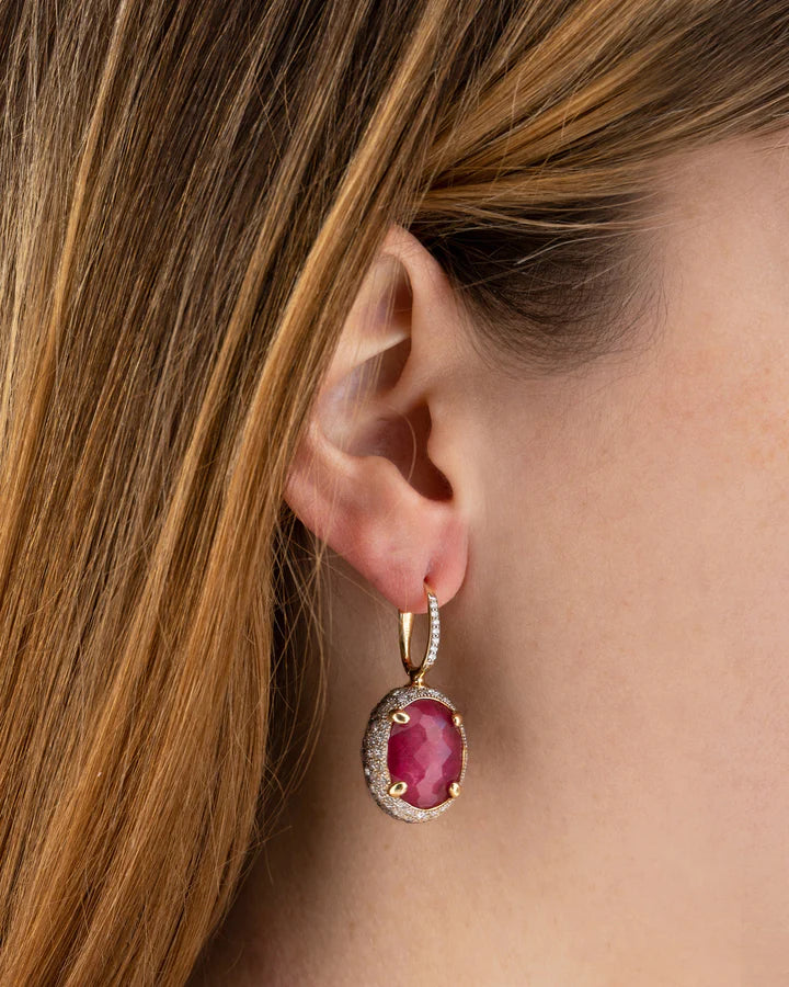 "REVERSE" CILIEGINE GOLD, DIAMONDS, RUBIES AND ROCK CRYSTAL DOUBLE-FACE BALL DROP EARRING (LARGE)