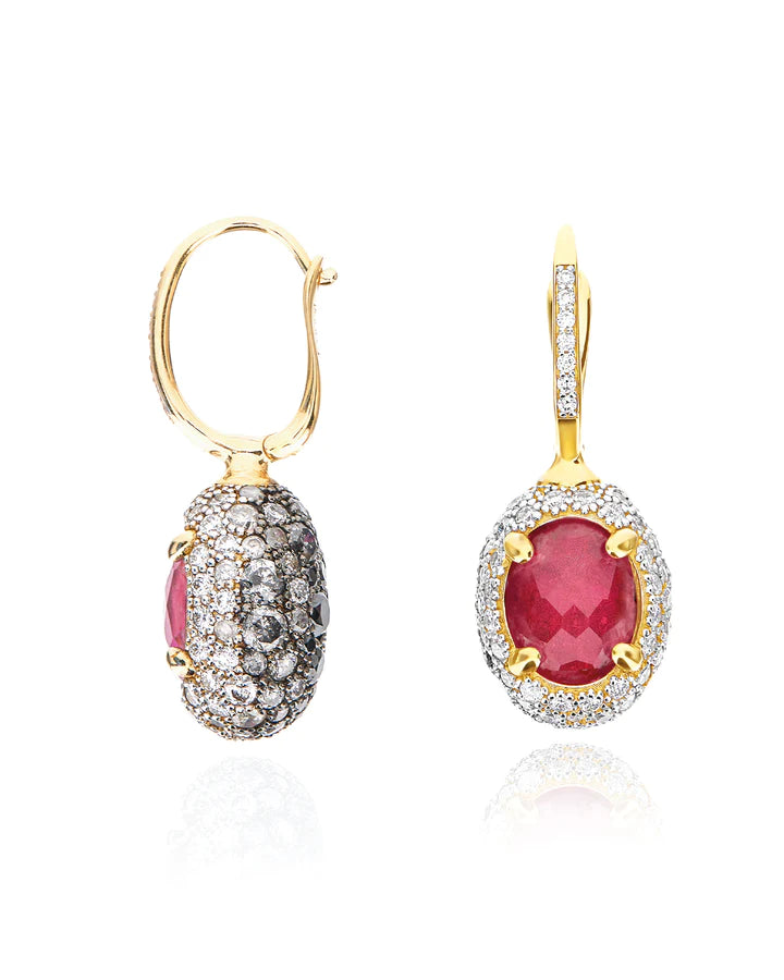 "REVERSE" CILIEGINE GOLD, DIAMONDS, RUBIES AND ROCK CRYSTAL DOUBLE-FACE BALL DROP EARRING (MEDIUM)