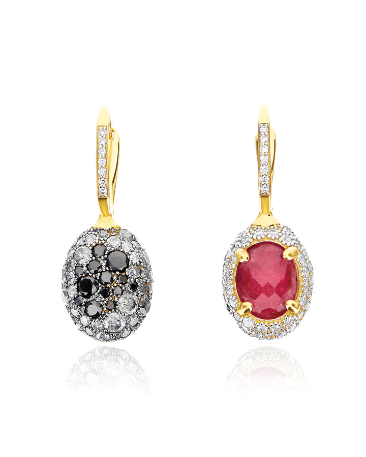 "REVERSE" CILIEGINE GOLD, DIAMONDS, RUBIES AND ROCK CRYSTAL DOUBLE-FACE BALL DROP EARRING (MEDIUM)