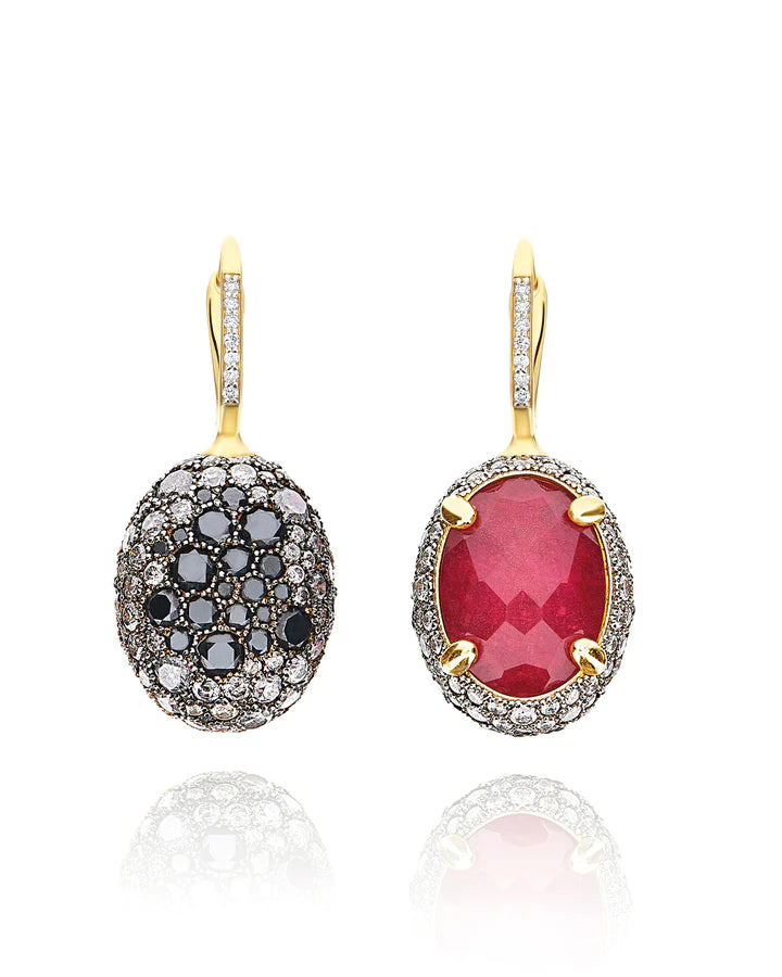 "REVERSE" CILIEGINE GOLD, DIAMONDS, RUBIES AND ROCK CRYSTAL DOUBLE-FACE BALL DROP EARRING (LARGE)