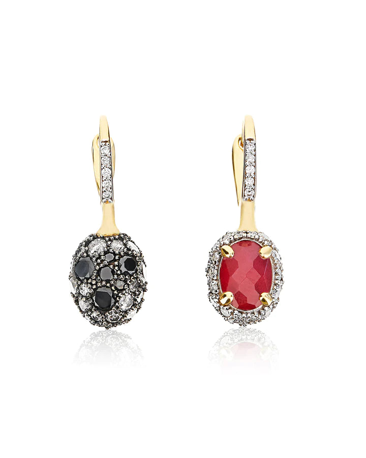 "REVERSE" CILIEGINE GOLD, DIAMONDS, RUBIES AND ROCK CRYSTAL DOUBLE-FACE BALL DROP EARRINGS (SMALL)