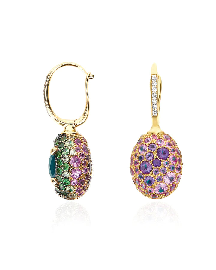 "REVERSE" CILIEGINE GOLD, SAPPHIRE, TSAVORITE, AMETHYST, GREEN LABRADORITE AND ROCK CRYSTAL DOUBLE-FACE BALL DROP EARRINGS (MEDIUM)