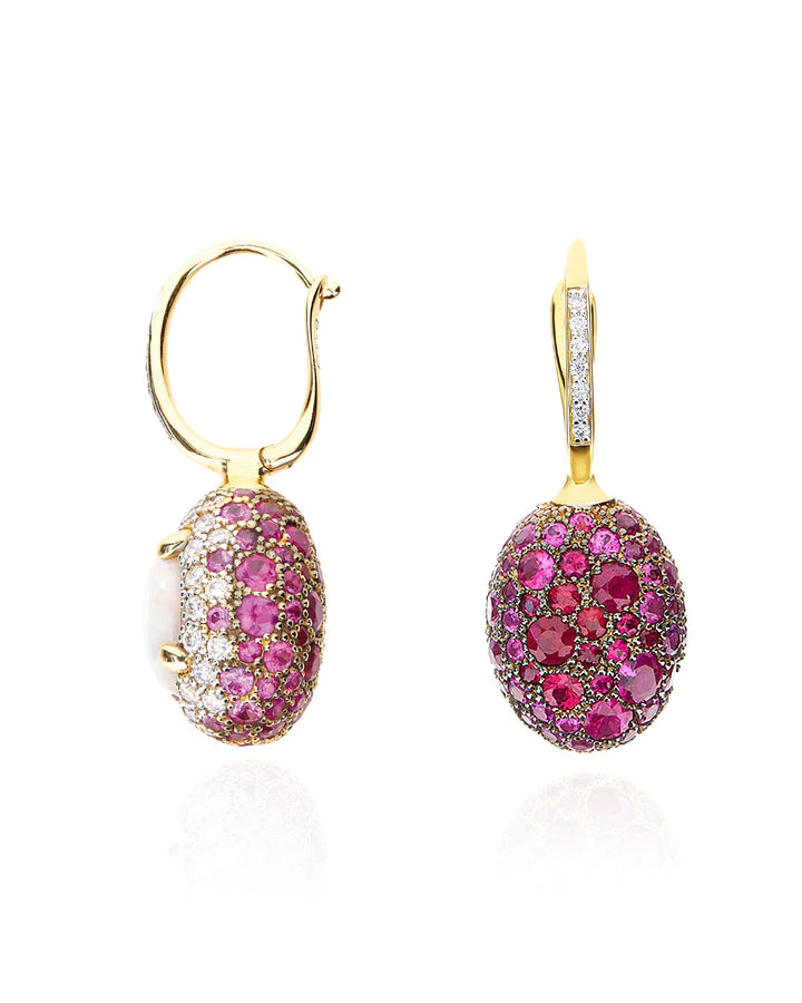 "REVERSE" CILIEGINE GOLD, PINK SAPPHIRES, RUBIES, WHITE AUSTRALIAN OPAL AND DIAMONDS DOUBLE-FACE BALL DROP EARRINGS (LARGE)