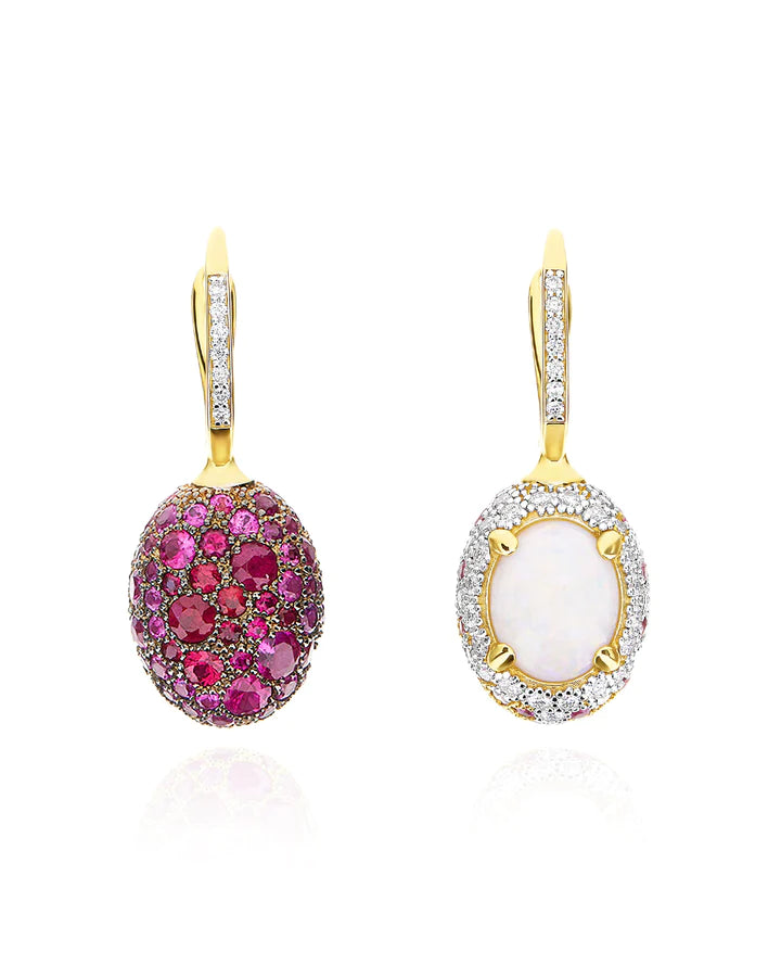 "REVERSE" CILIEGINE GOLD, PINK SAPPHIRES, RUBIES, WHITE AUSTRALIAN OPAL AND DIAMONDS DOUBLE-FACE BALL DROP EARRINGS (LARGE)