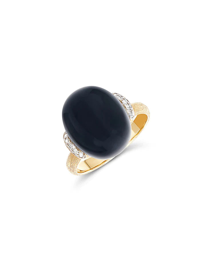 "MYSTERY BLACK" GOLD AND DIAMONDS RING WITH BLACK ONYX BOULE (LARGE)