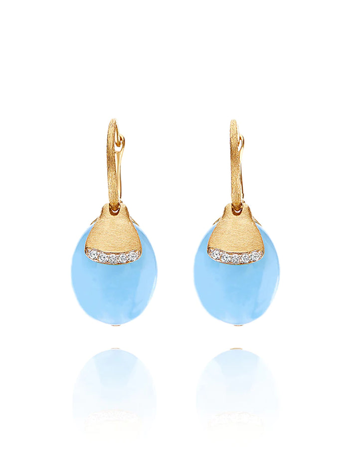 "AZURE" CILIEGINE GOLD AND MILKY AQUAMARINE BALL DROP EARRINGS WITH DIAMONDS DETAILS (LARGE)