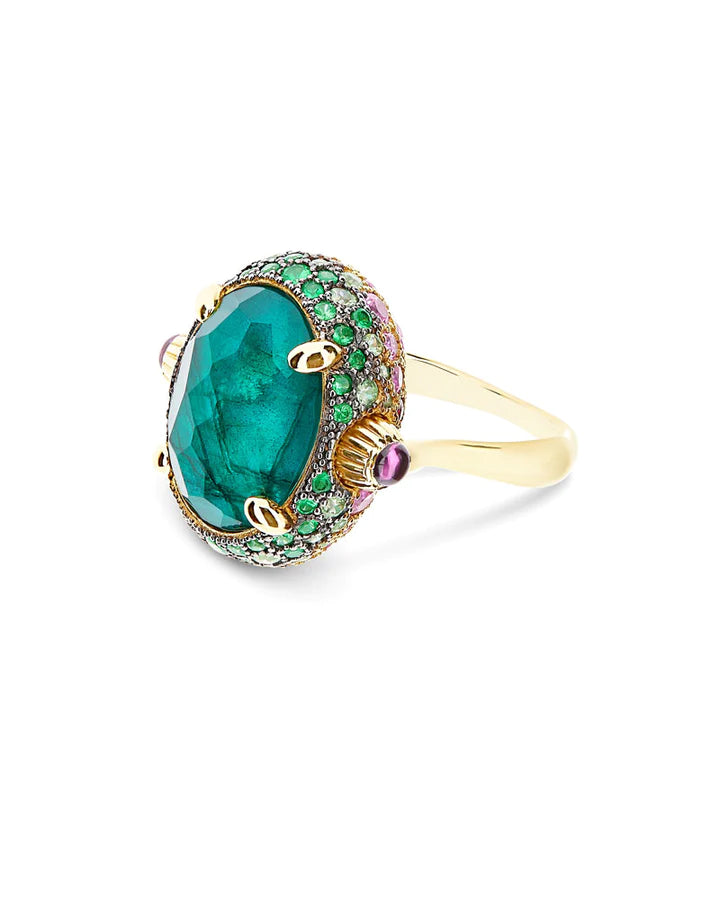 "REVERSE" GOLD, SAPPHIRE, TSAVORITE, AMETHYST, GREEN LABRADORITE AND ROCK CRYSTAL DOUBLE-FACE RING (LARGE)