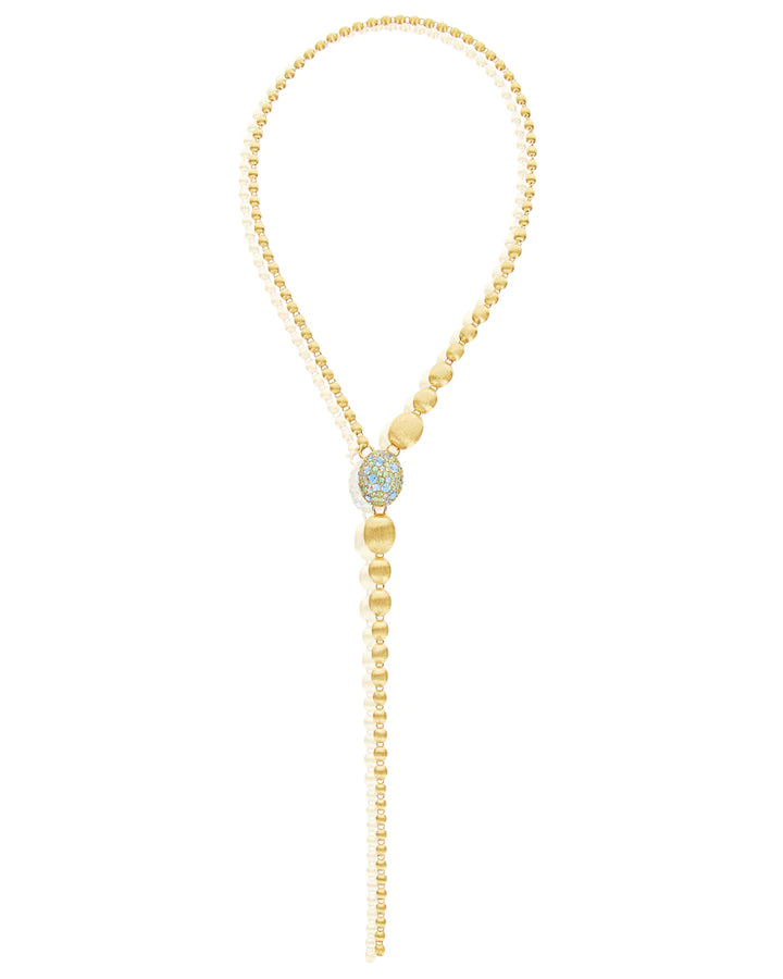 "REVERSE" GOLD, BLUE DIAMONDS, SWISS BLUE TOPAZ, GREEN SAPPHIRES AND LONDON BLUE TOPAZ CONVERTIBLE Y NECKLACE (LARGE)