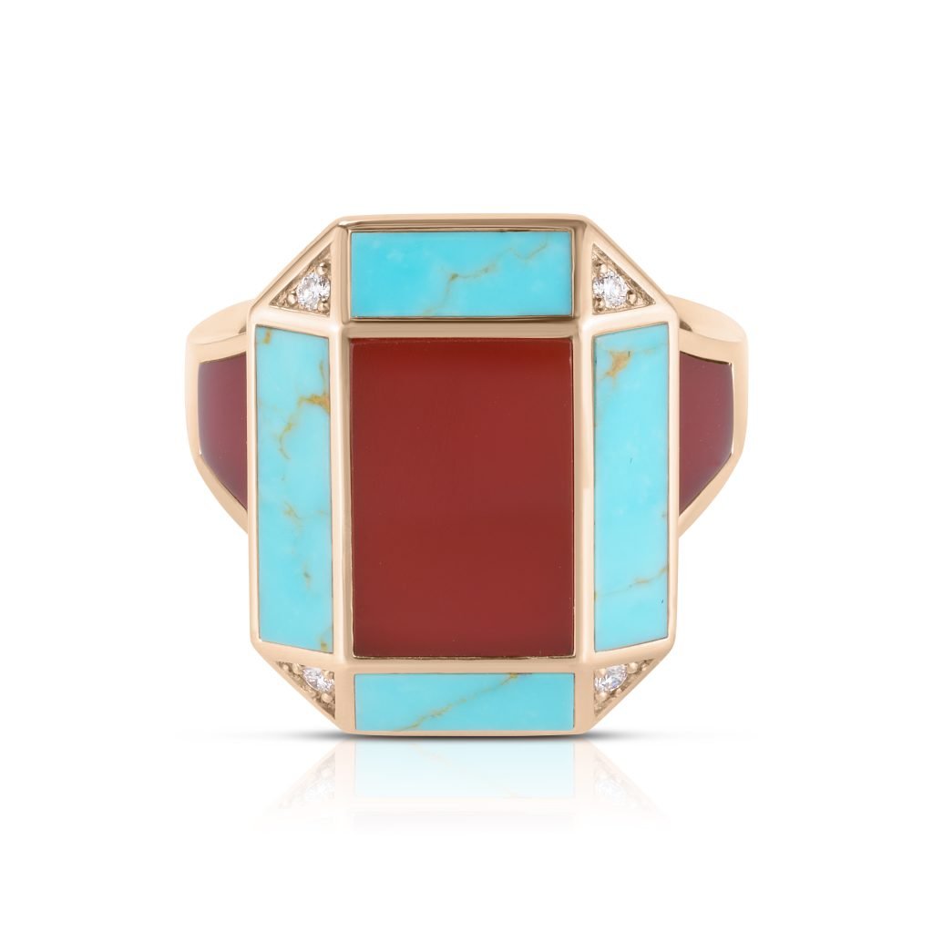 ART DECO RING WITH TURQUOISE, RED AGATE AND DIAMONDS