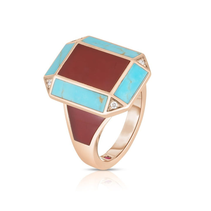 ART DECO RING WITH TURQUOISE, RED AGATE AND DIAMONDS