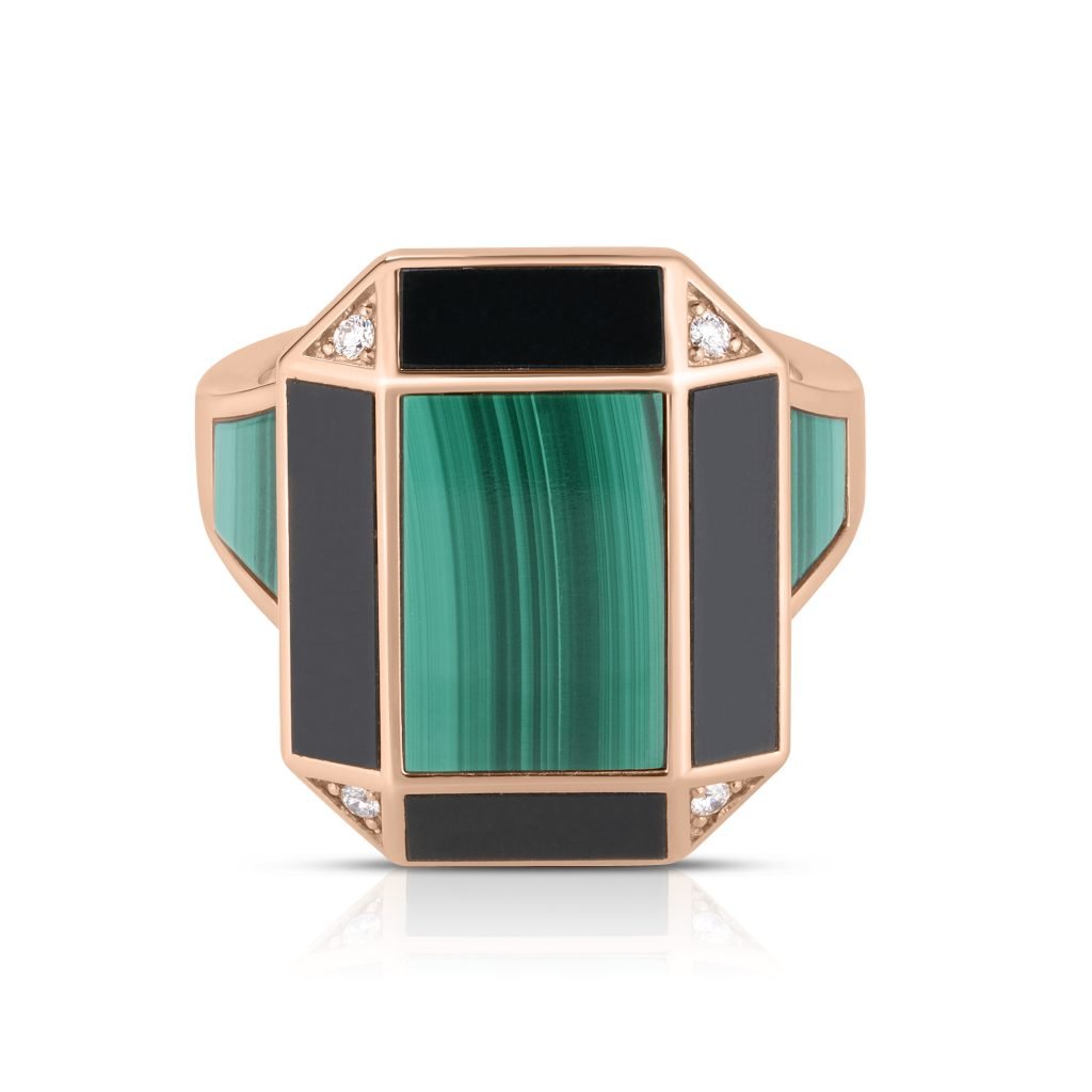 ART DECO RING WITH BLACK JADE, MALACHITE AND DIAMONDS