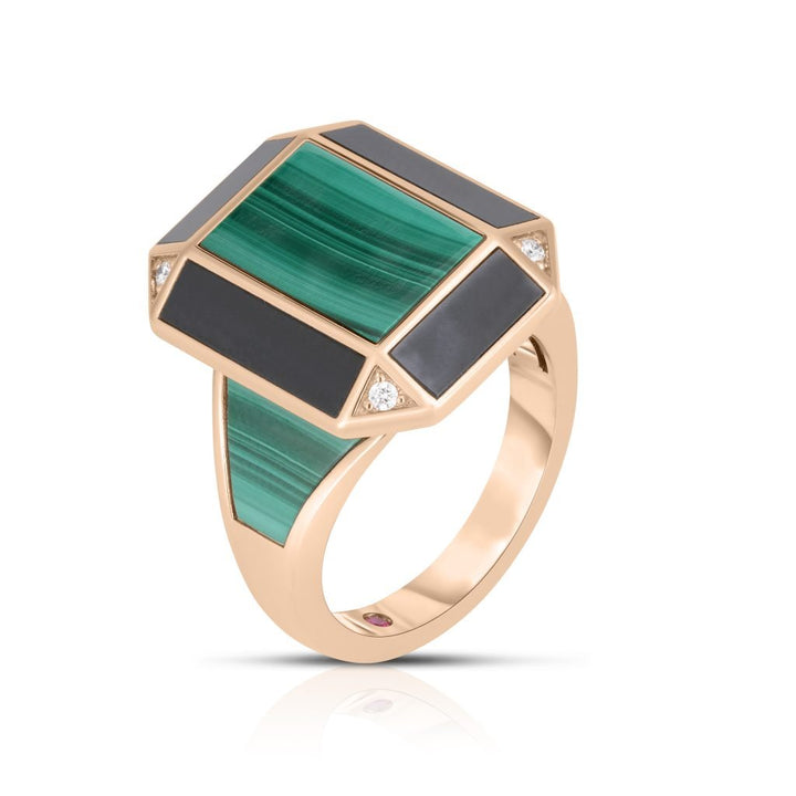 ART DECO RING WITH BLACK JADE, MALACHITE AND DIAMONDS