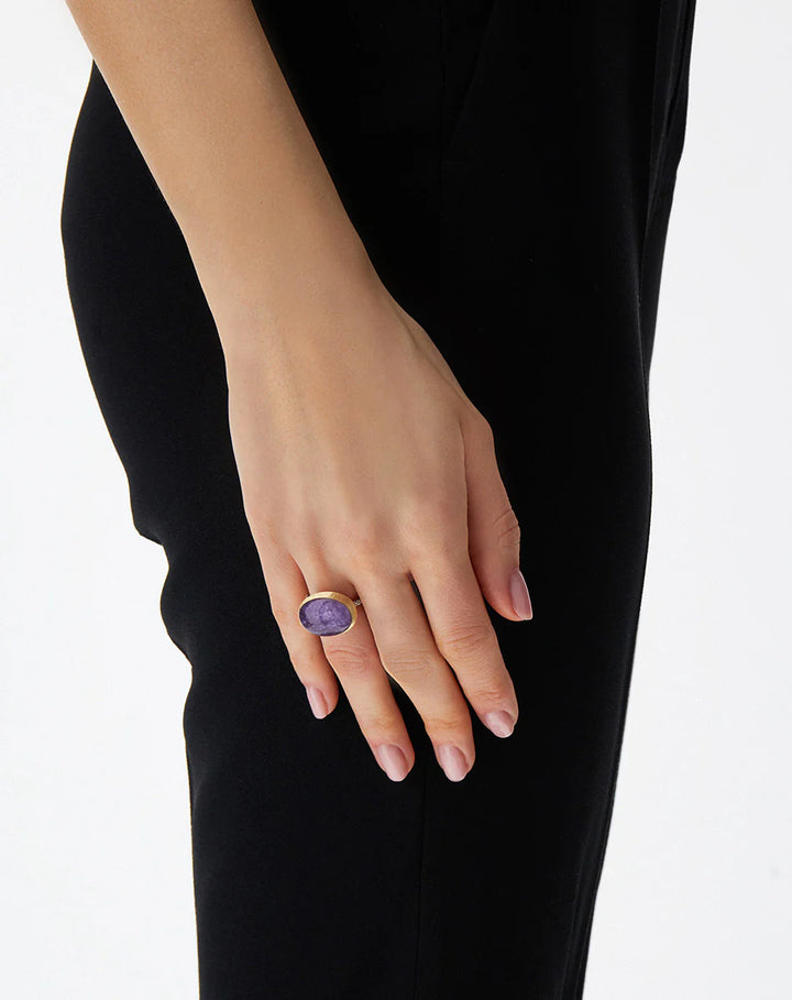 "BOULES" VIOLETTA GOLD, DIAMONDS, LEPIDOLITE, AND MOTHER-OF-PEARL RING (LARGE)