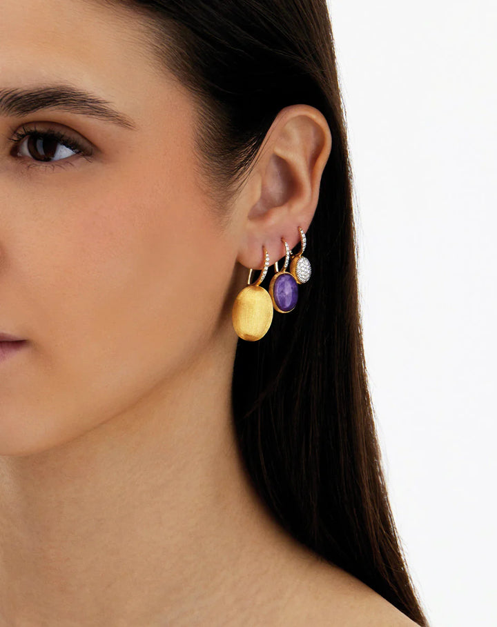 "BOULES" VIOLETTA CILIEGINE GOLD, LEPIDOLITE, AND MOTHER-OF-PEARL BALL DROP EARRINGS (MEDIUM)