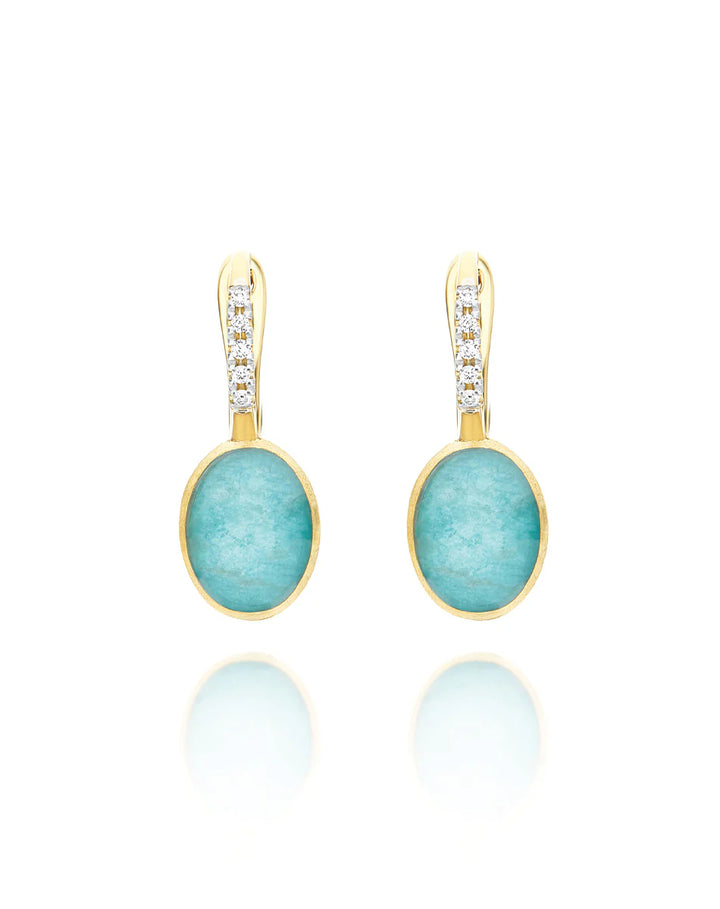 "BOULES" ANICE CILIEGINE GOLD, ROCK CRYSTAL, AND AMAZONITE BALL DROP EARRINGS WITH DIAMONDS DETAILS (SMALL)