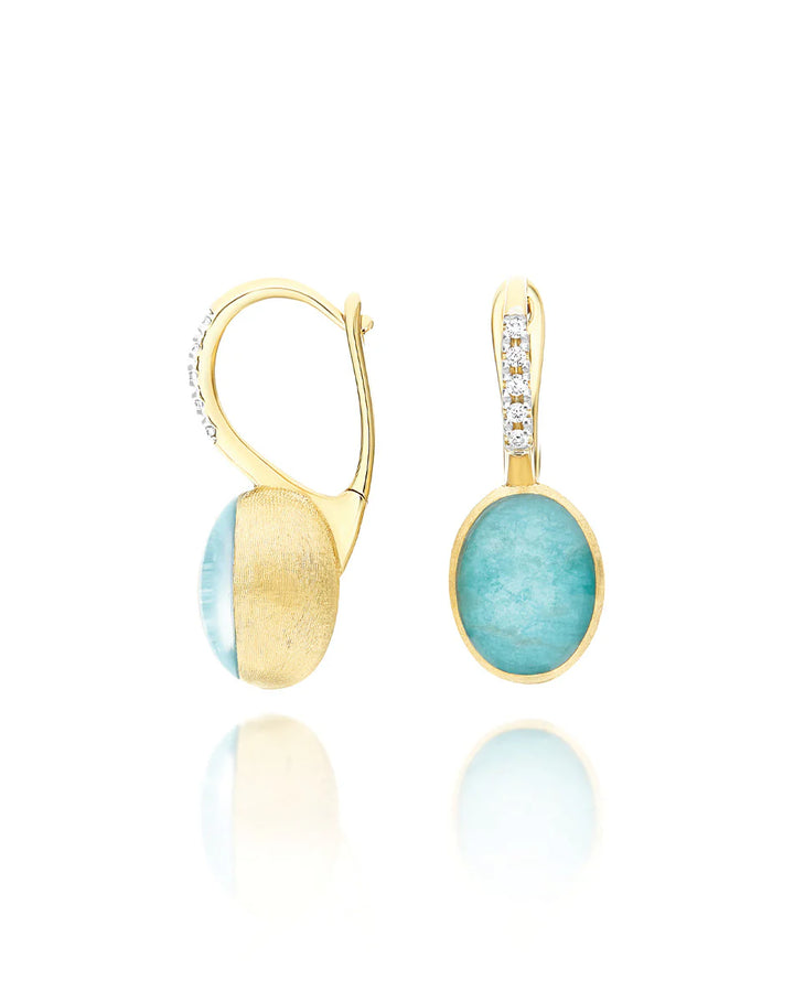 "BOULES" ANICE CILIEGINE GOLD, ROCK CRYSTAL, AND AMAZONITE BALL DROP EARRINGS WITH DIAMONDS DETAILS (SMALL)