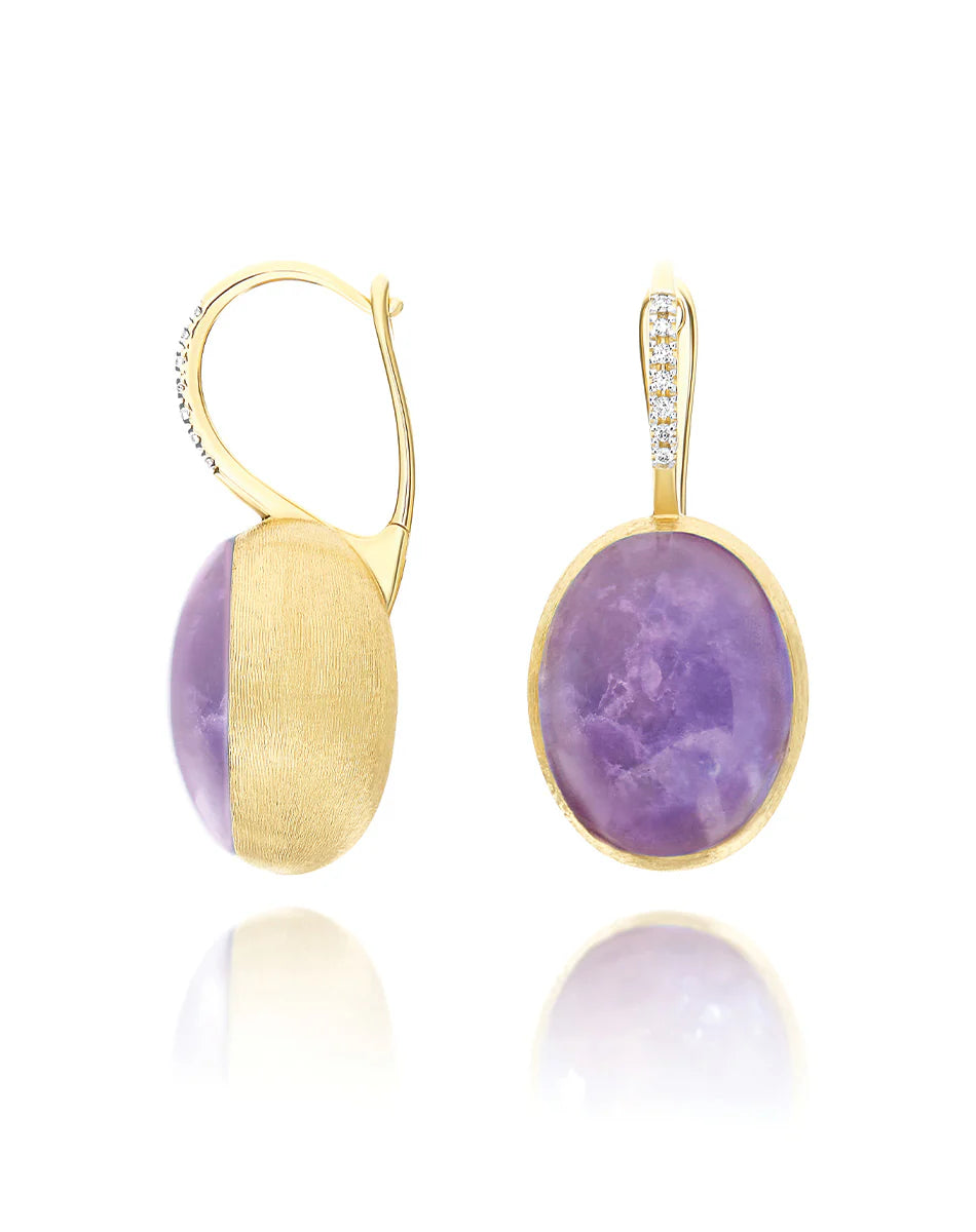 "BOULES" VIOLETTA CILIEGINE GOLD, LEPIDOLITE, AND MOTHER-OF-PEARL BALL DROP EARRINGS (LARGE)