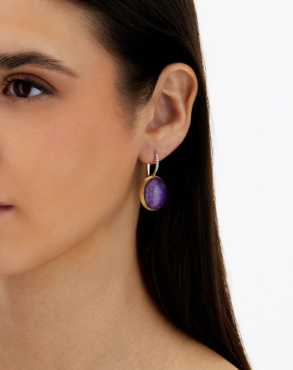 "BOULES" VIOLETTA CILIEGINE GOLD, LEPIDOLITE, AND MOTHER-OF-PEARL BALL DROP EARRINGS (LARGE)