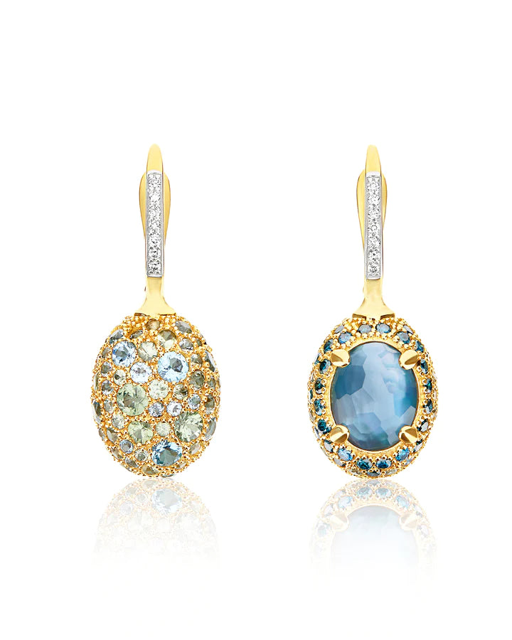 "REVERSE" CILIEGINE GOLD, BLUE DIAMONDS, SWISS BLUE TOPAZ, GREEN SAPPHIRES AND LONDON BLUE TOPAZ DOUBLE-FACE BALL DROP EARRINGS (MEDIUM)