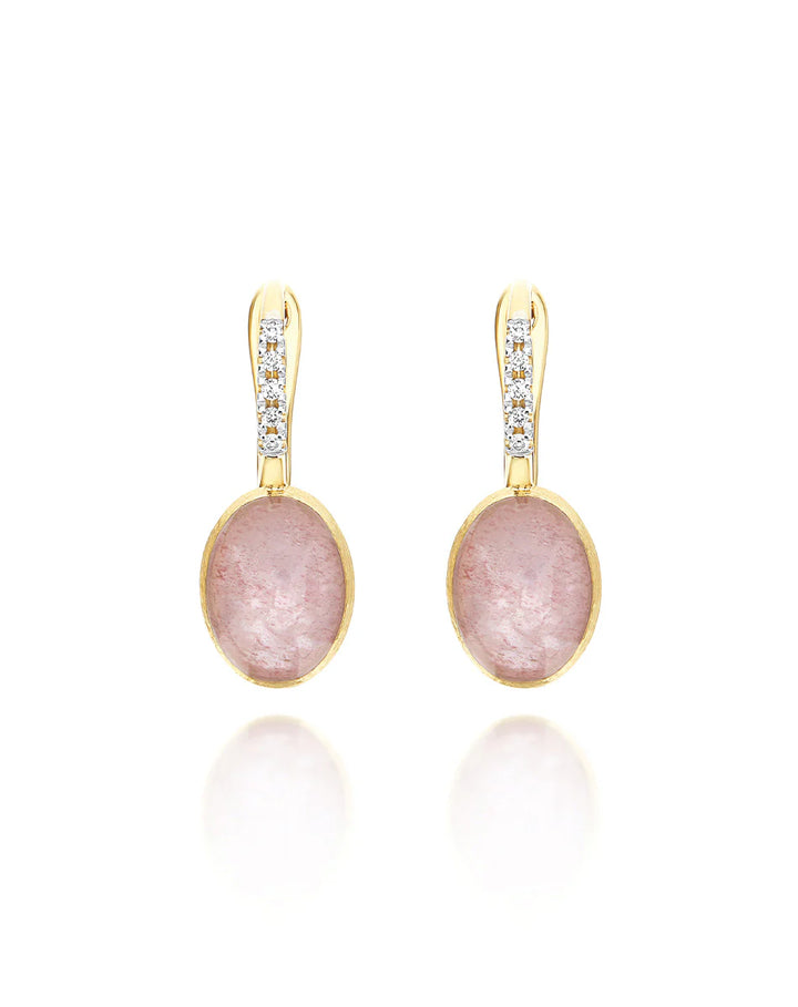 "BOULES" ROSOLIO CILIEGINE GOLD, ROCK CRYSTAL, STRAWBERRY QUARTZ, AND MOTHER-OF-PEARL BALL DROP EARRINGS WITH DIAMONDS DETAILS (SMALL)