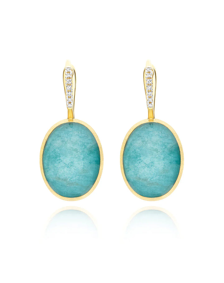 "BOULES" ANICE CILIEGINE GOLD, ROCK CRYSTAL, AND AMAZONITE BALL DROP EARRINGS WITH DIAMONDS DETAILS (LARGE)