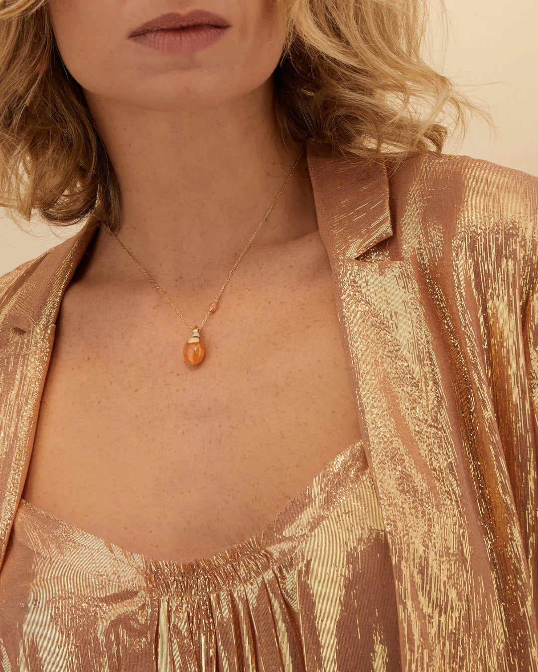 "PETRA" GOLD, DIAMONDS AND ORANGE AVENTURINE PENDANT (MEDIUM)