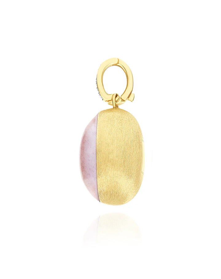 "BOULES" ROSOLIO CHARM IN HAND-ENGRAVED GOLD, DIAMONDS, ROCK CRYSTAL, STRAWBERRY QUARTZ, AND MOTHER-OF-PEARL (LARGE)